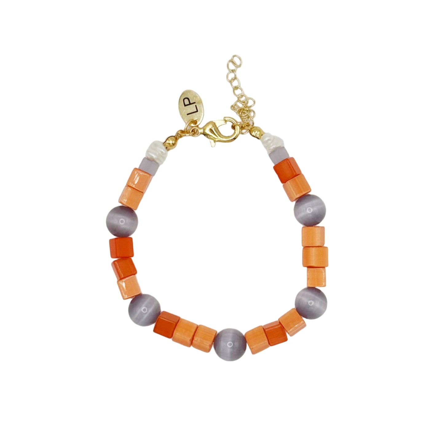 Beaded bracelet with orange and gray beads on a white background