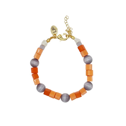 Beaded bracelet with orange and gray beads on a white background