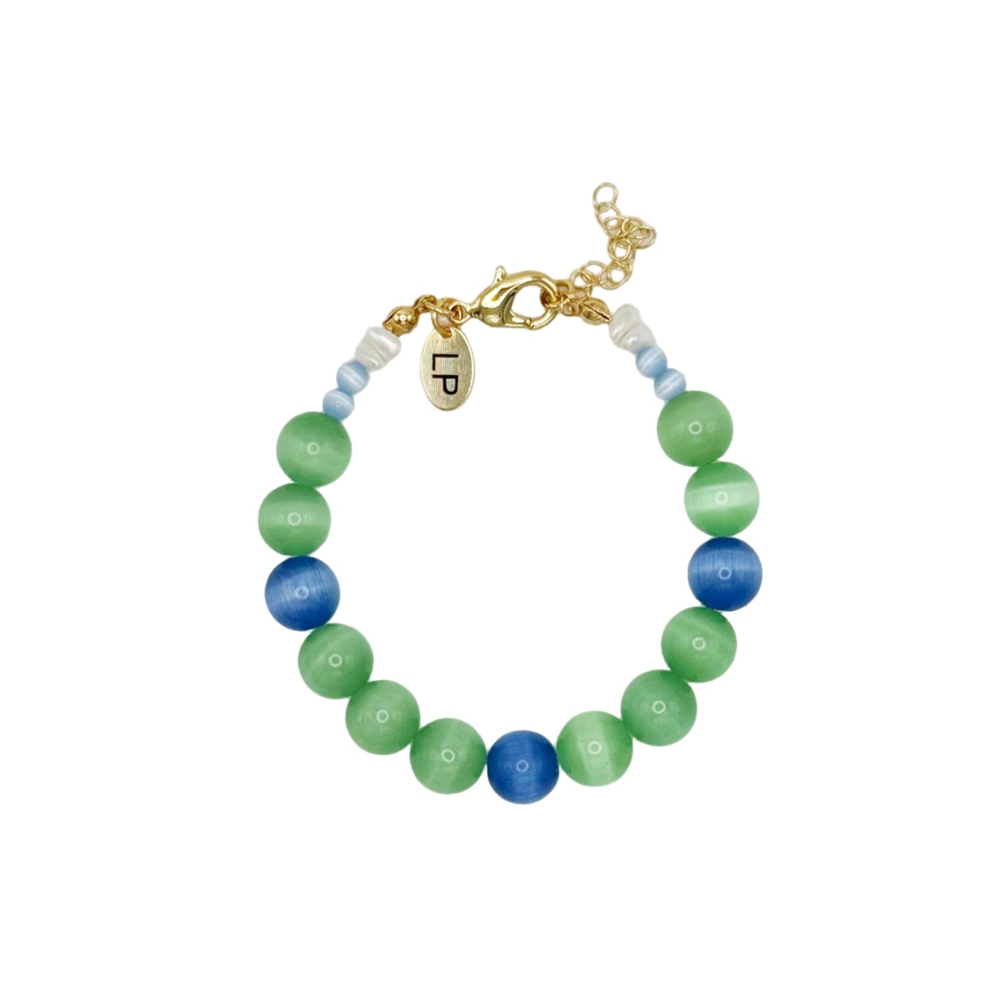 Bracelet with green and blue beads on a white background