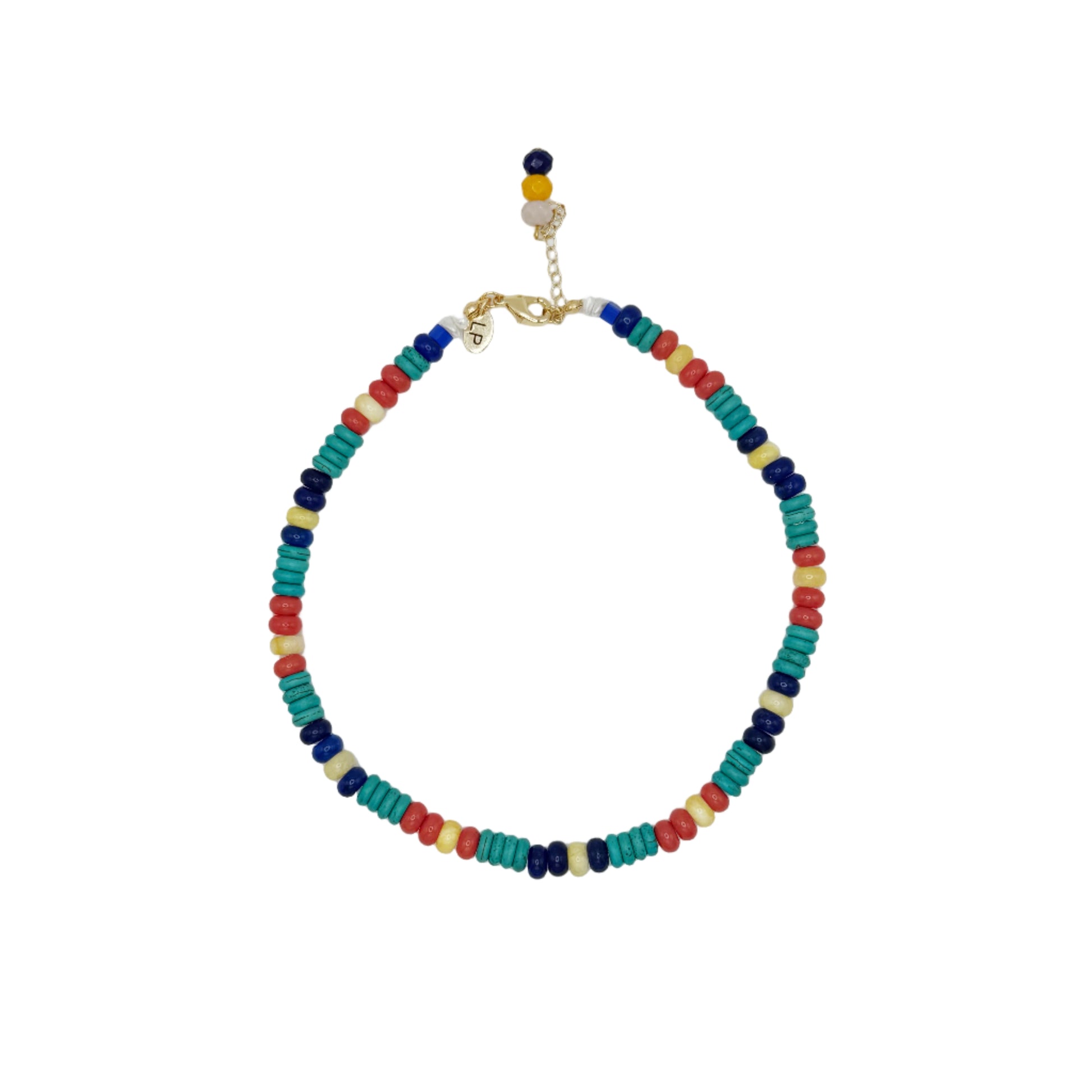 Colorful beaded necklace on a white background