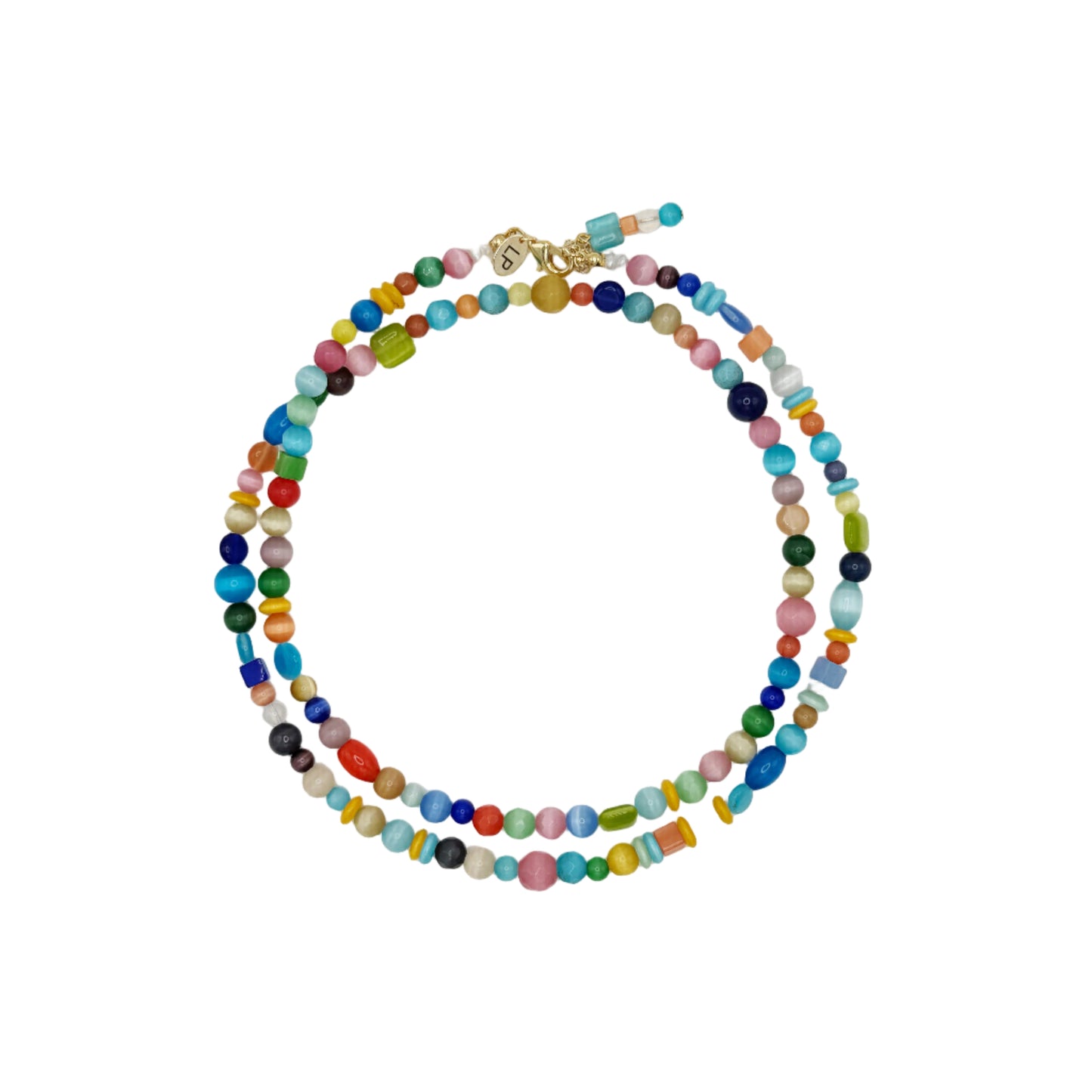 Colorful beaded necklace on a white background