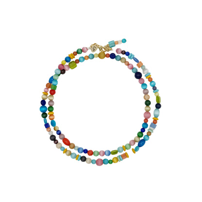 Colorful beaded necklace on a white background