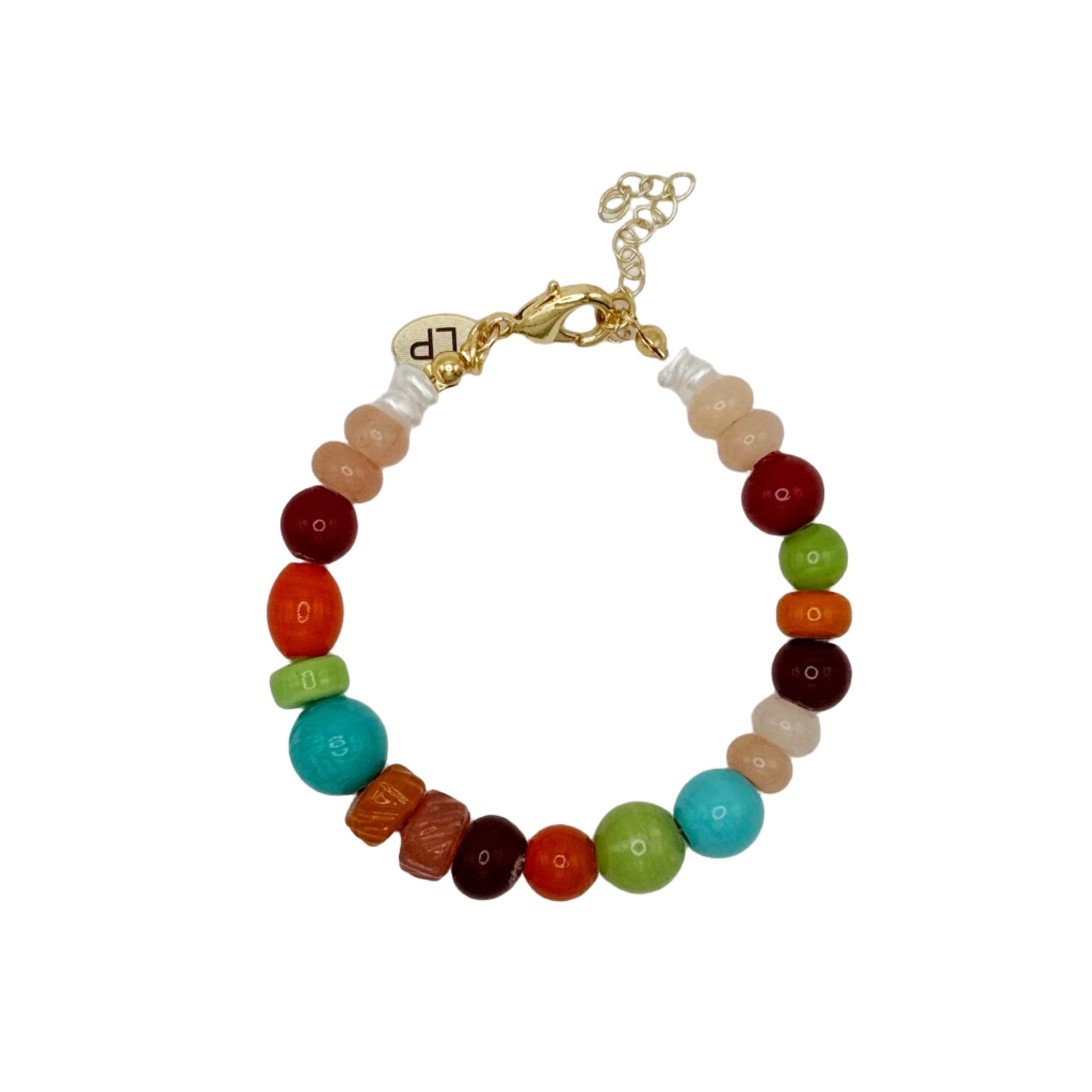 Multicolored beaded bracelet with a gold clasp on a white background