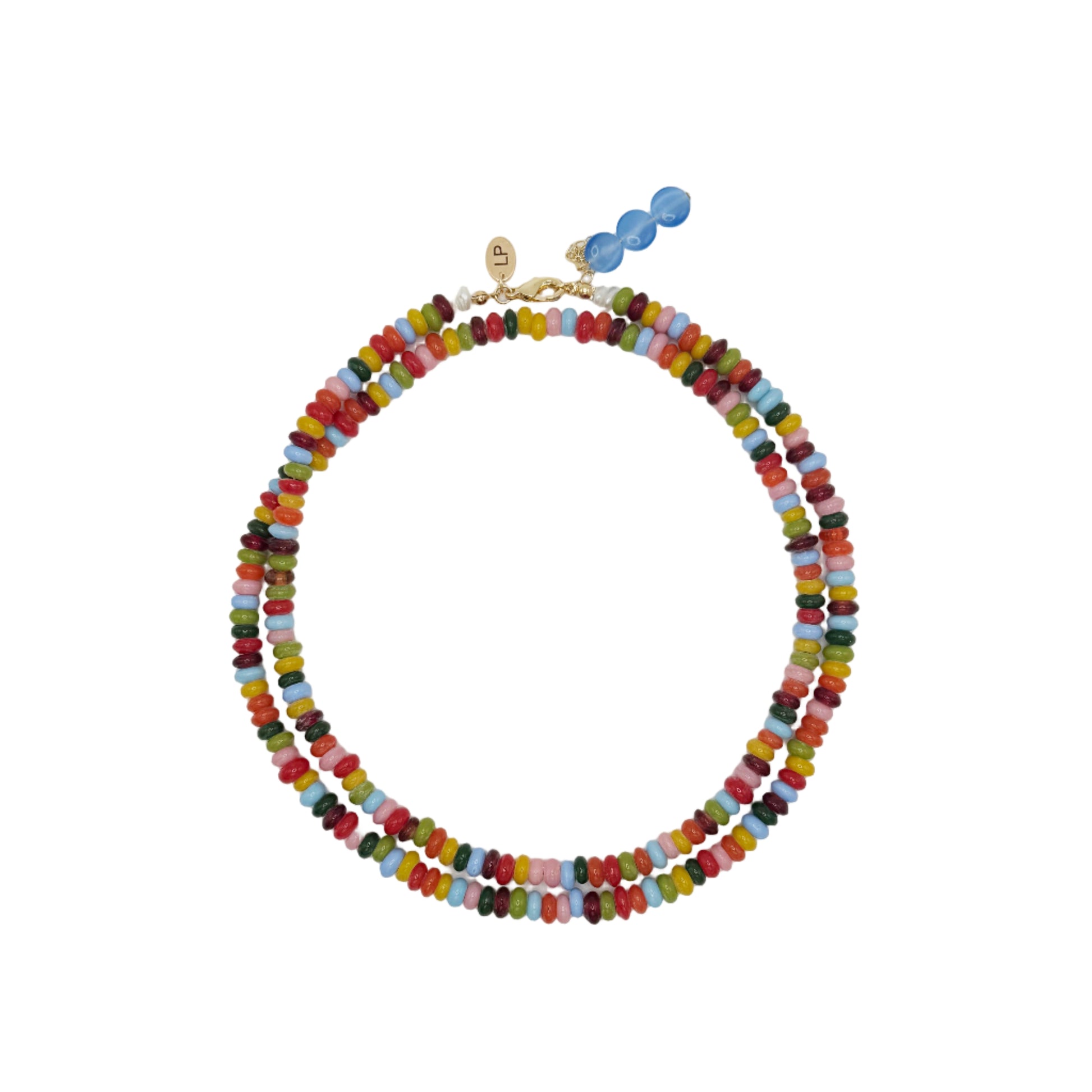 Colorful beaded necklace on a white background