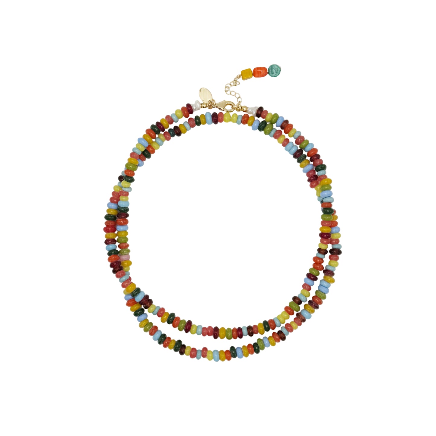 Colorful beaded necklace on a white background