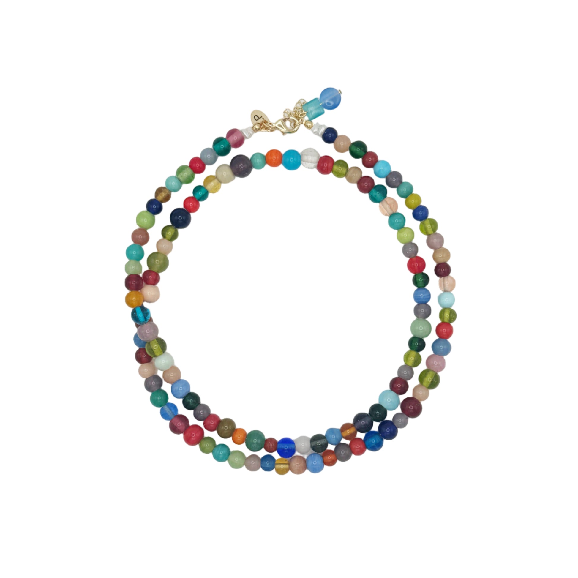 Multicolored beaded necklace on a white background