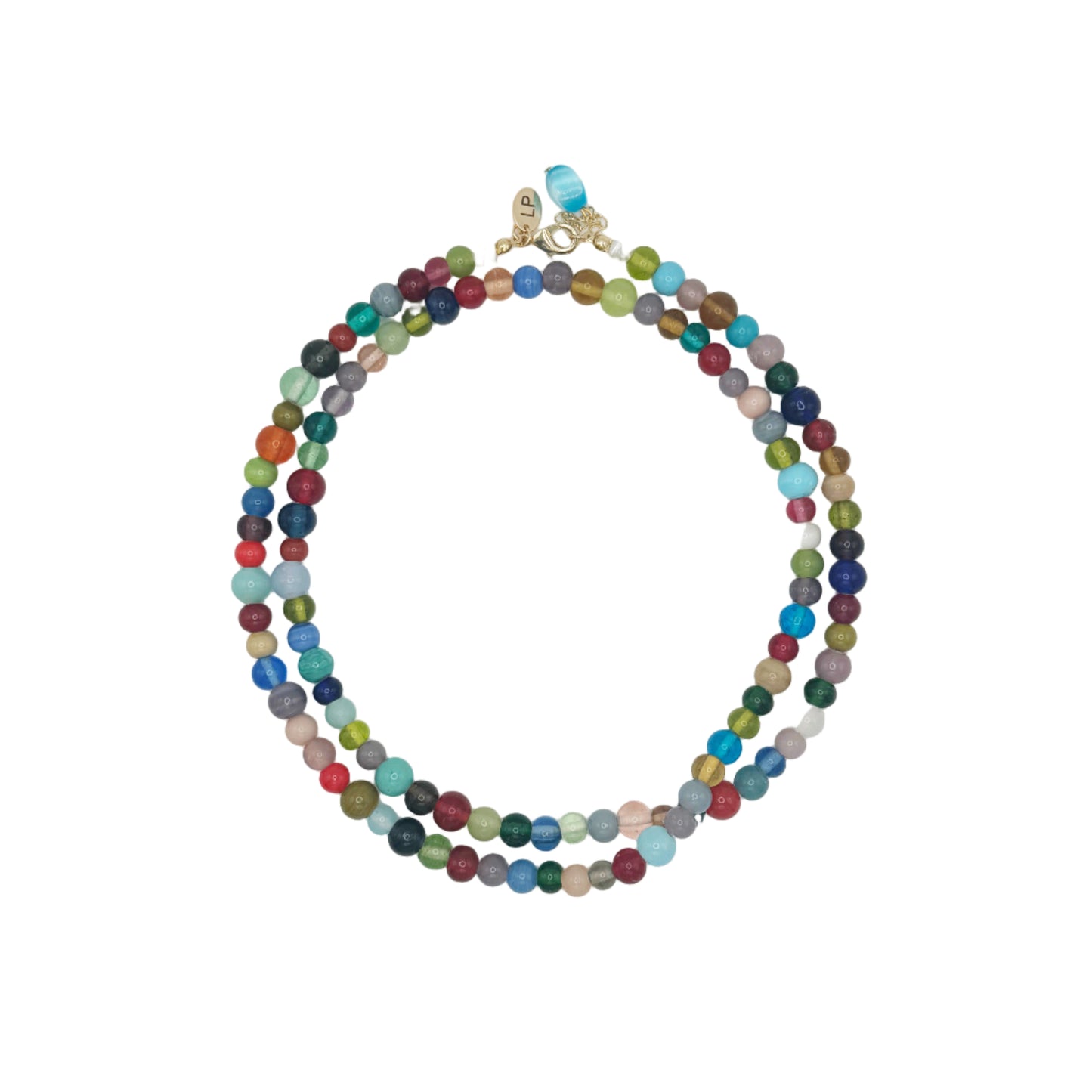 Multicolored beaded necklace on a light gray background