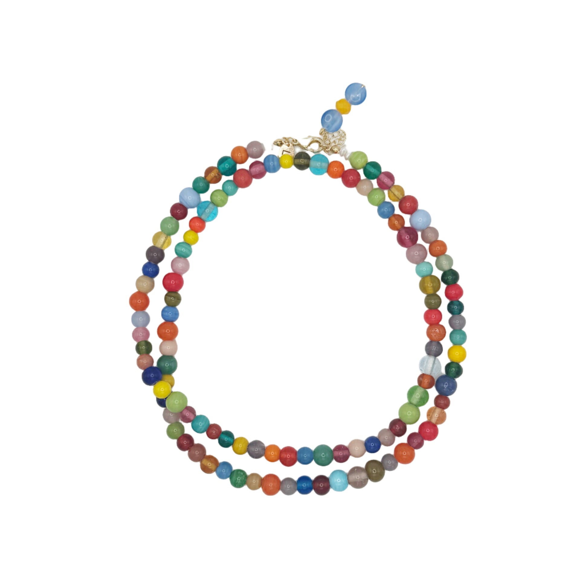 Colorful beaded necklace on a light gray background