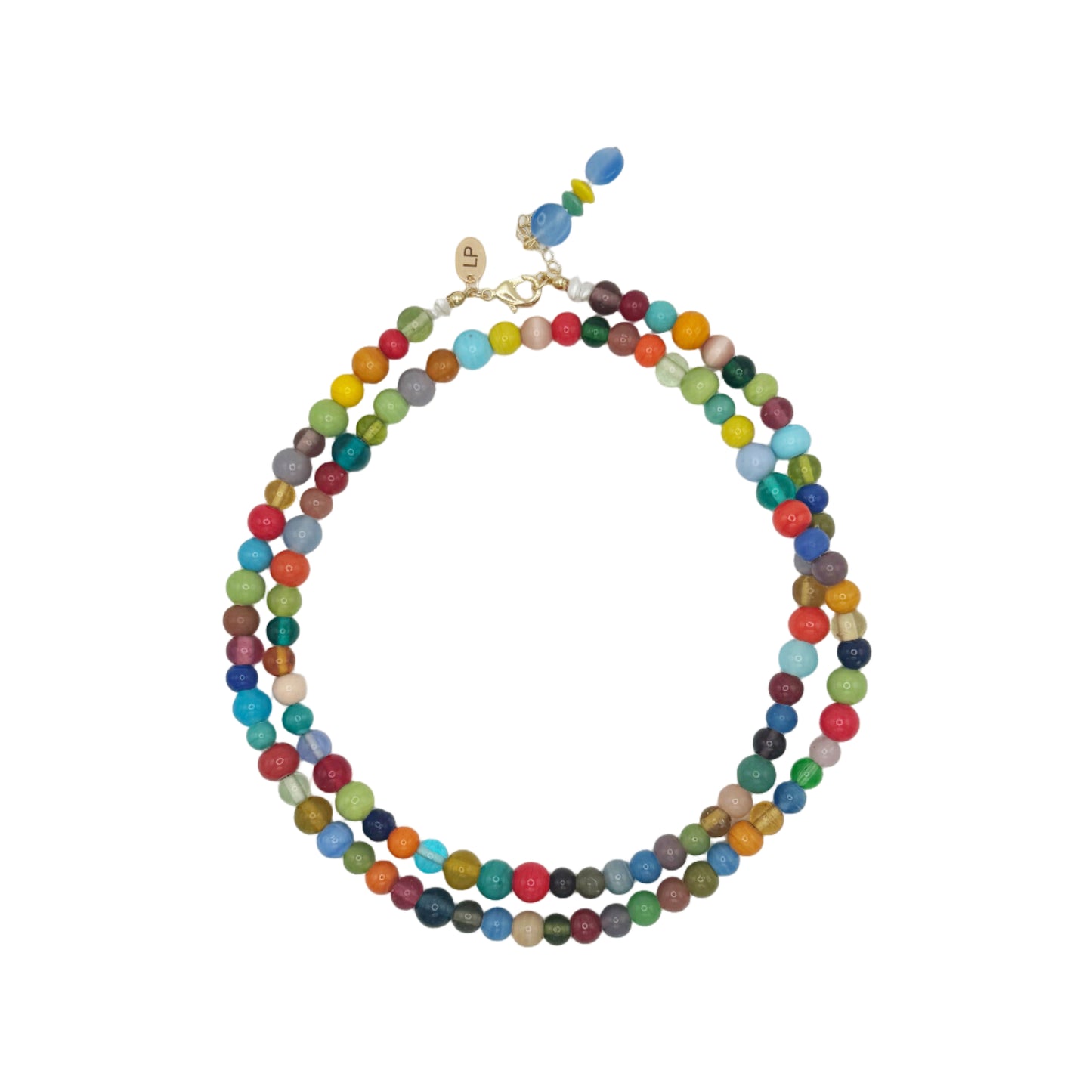 Multicolored beaded necklace on a white background