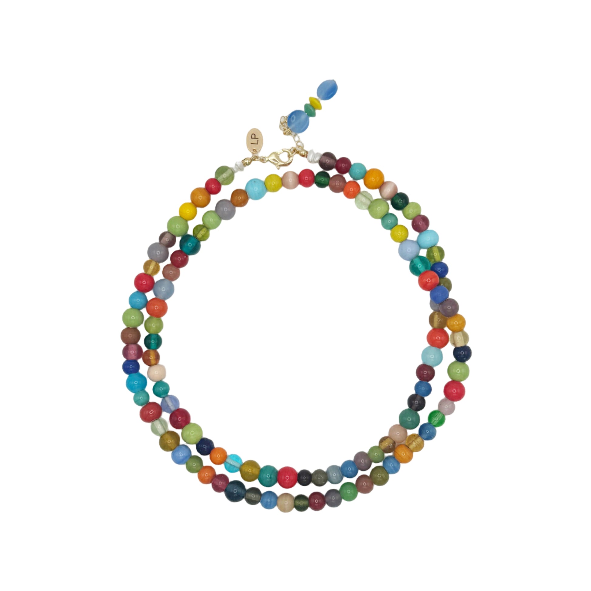 Multicolored beaded necklace on a white background