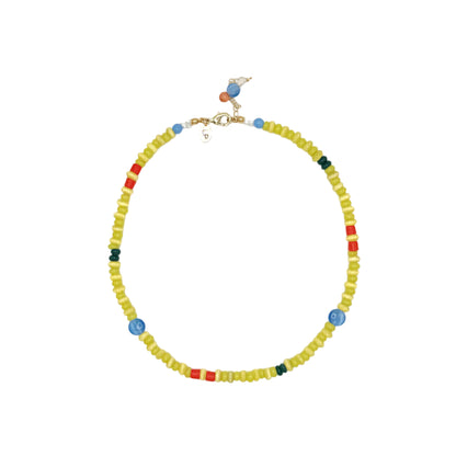 Colorful beaded necklace on a white background