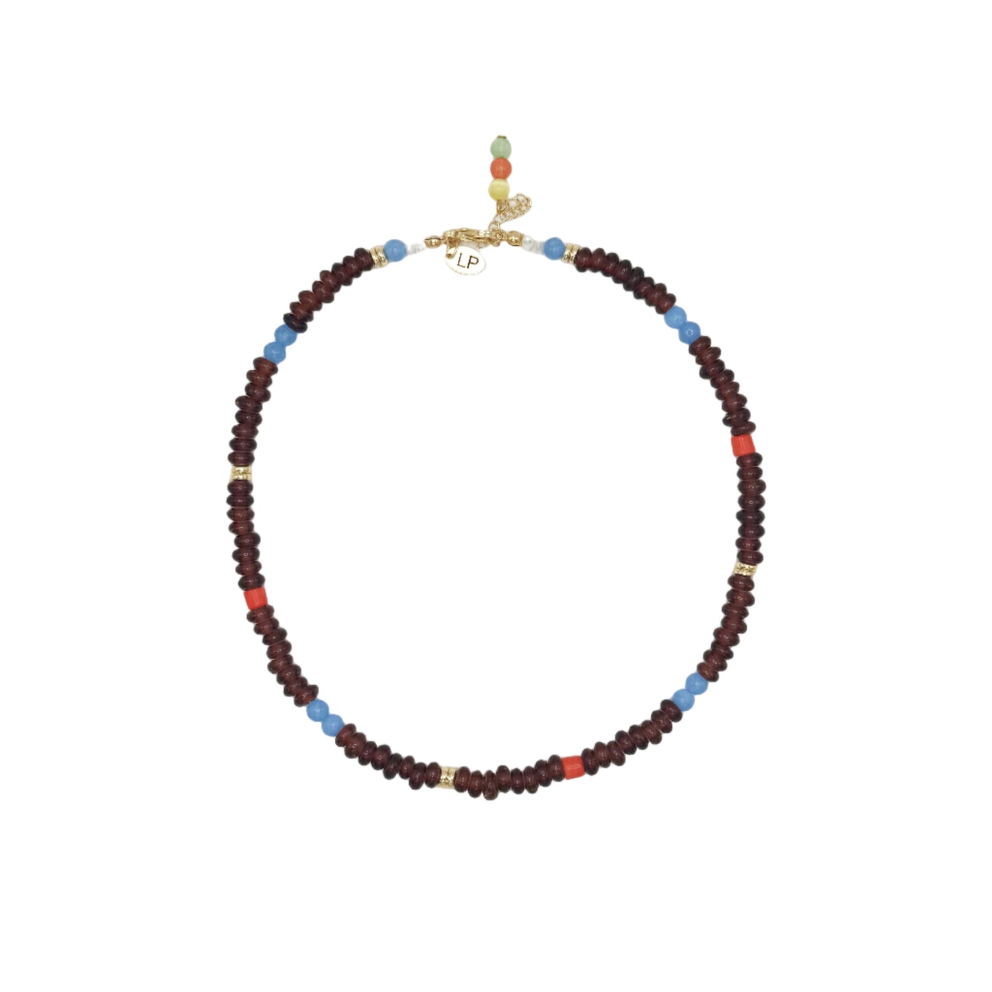 Beaded necklace with multicolor beads on a white background
