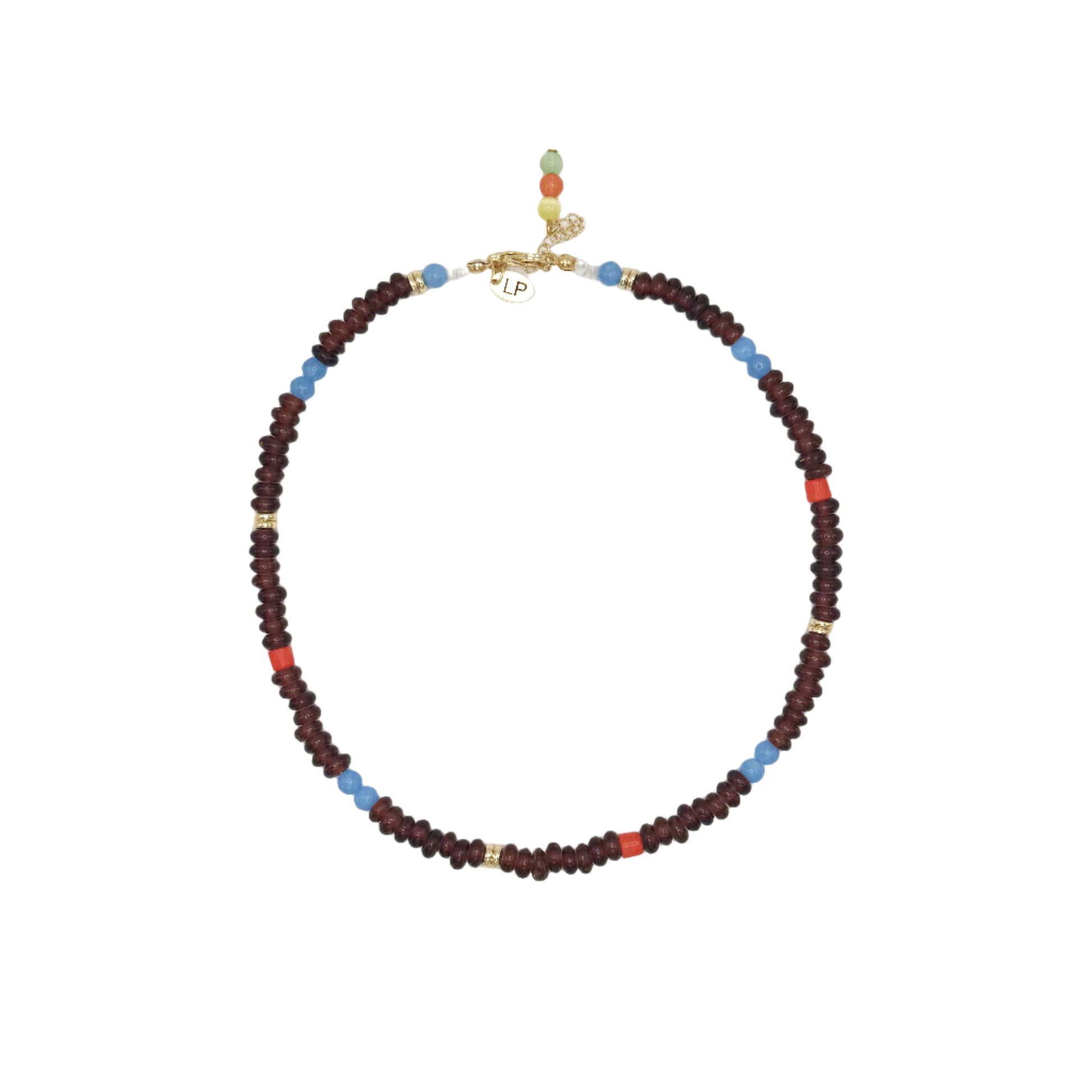 Beaded necklace with multicolor beads on a white background