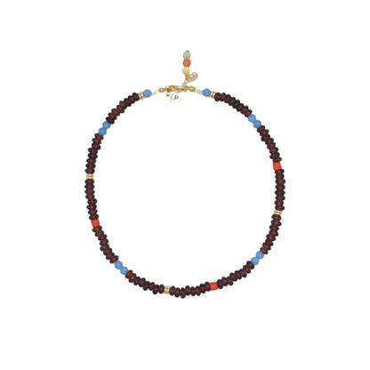 Beaded necklace with multicolor beads on a white background