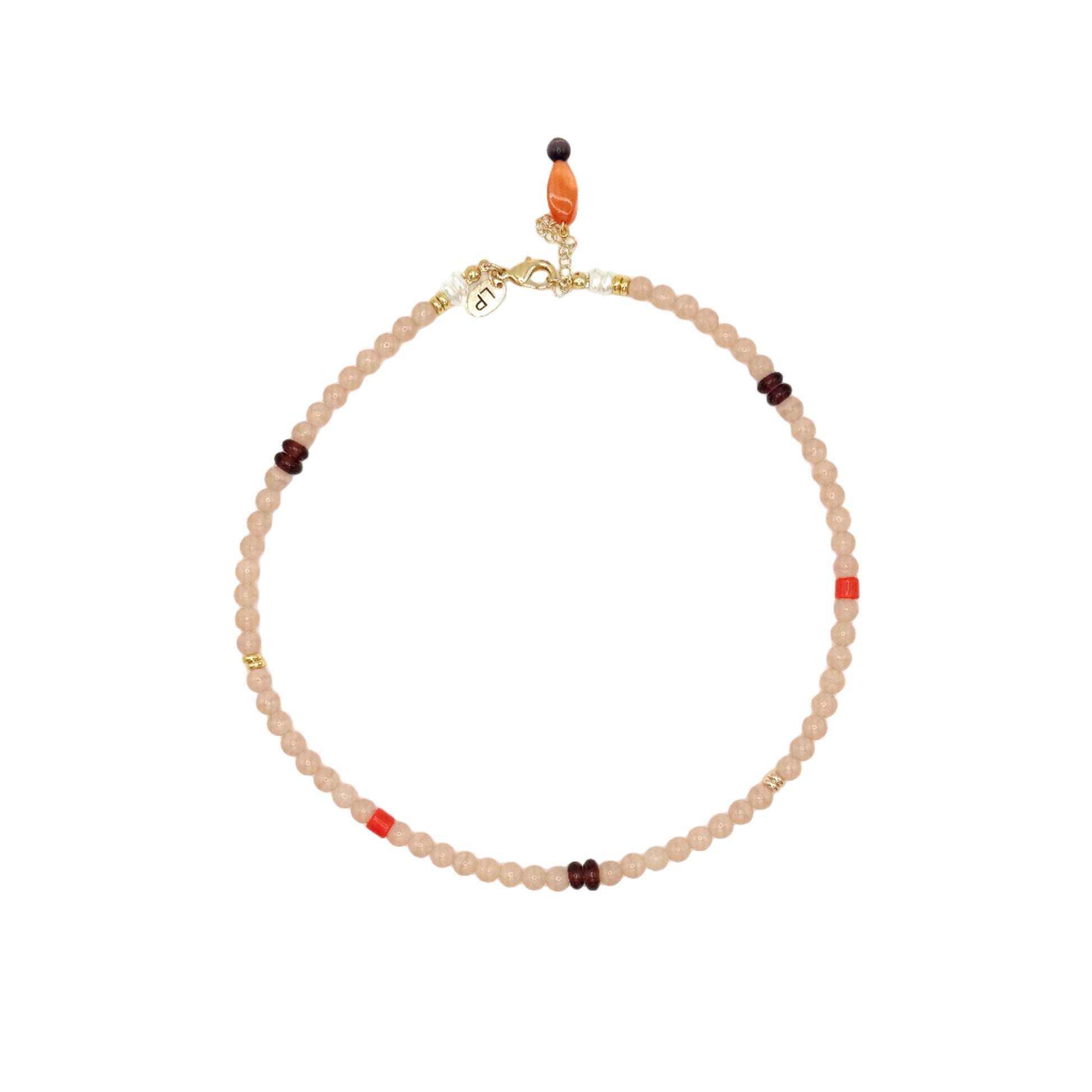 Necklace with pink beads on a white background