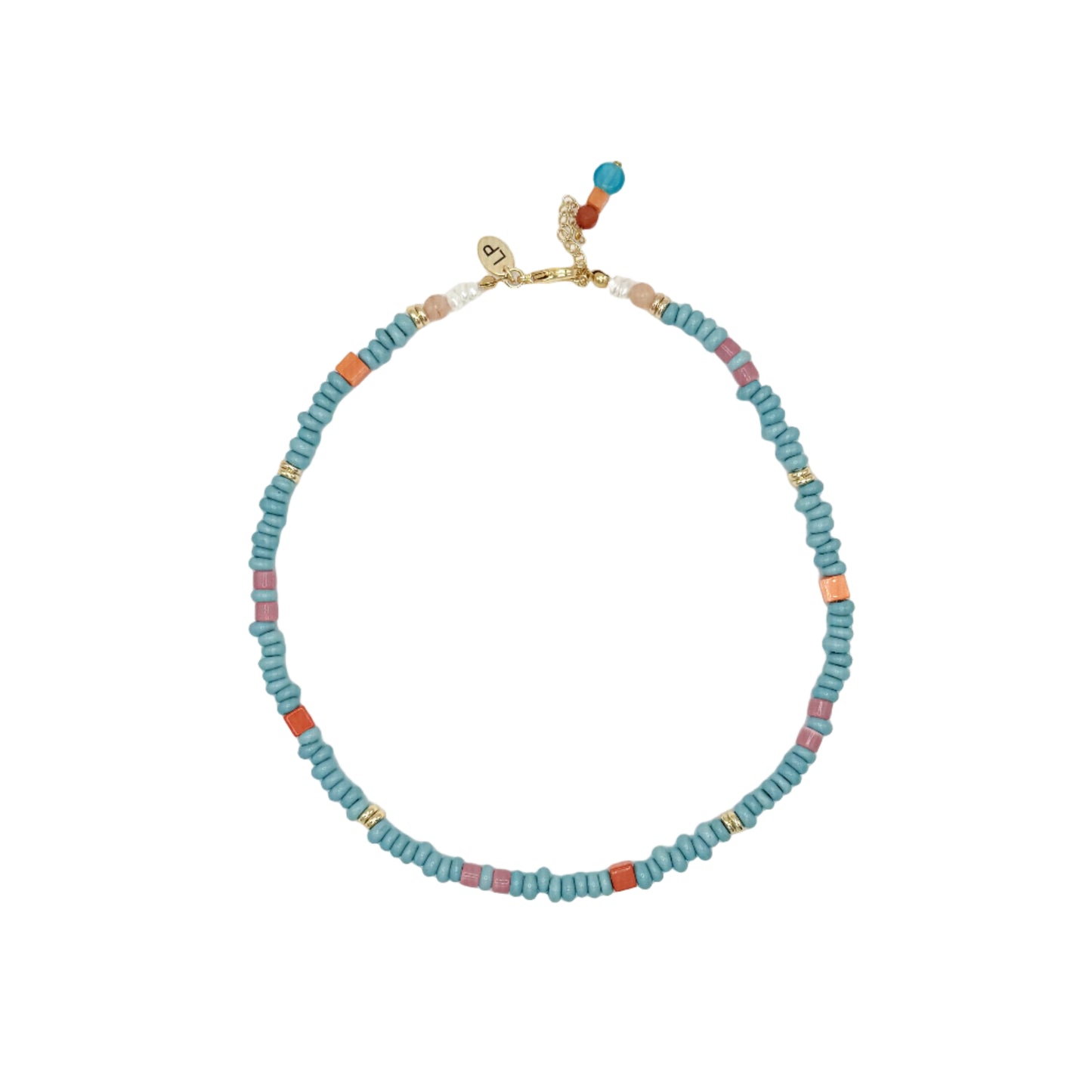 Beaded necklace with colorful beads on a white background