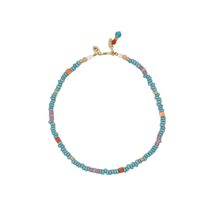 Beaded necklace with colorful beads on a white background