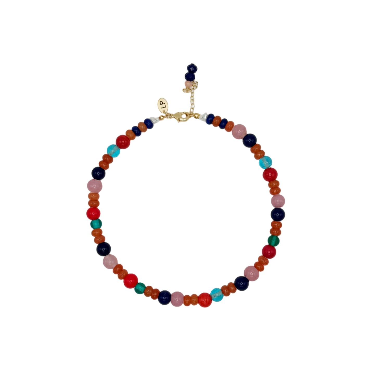 Multicolored beaded necklace on a white background