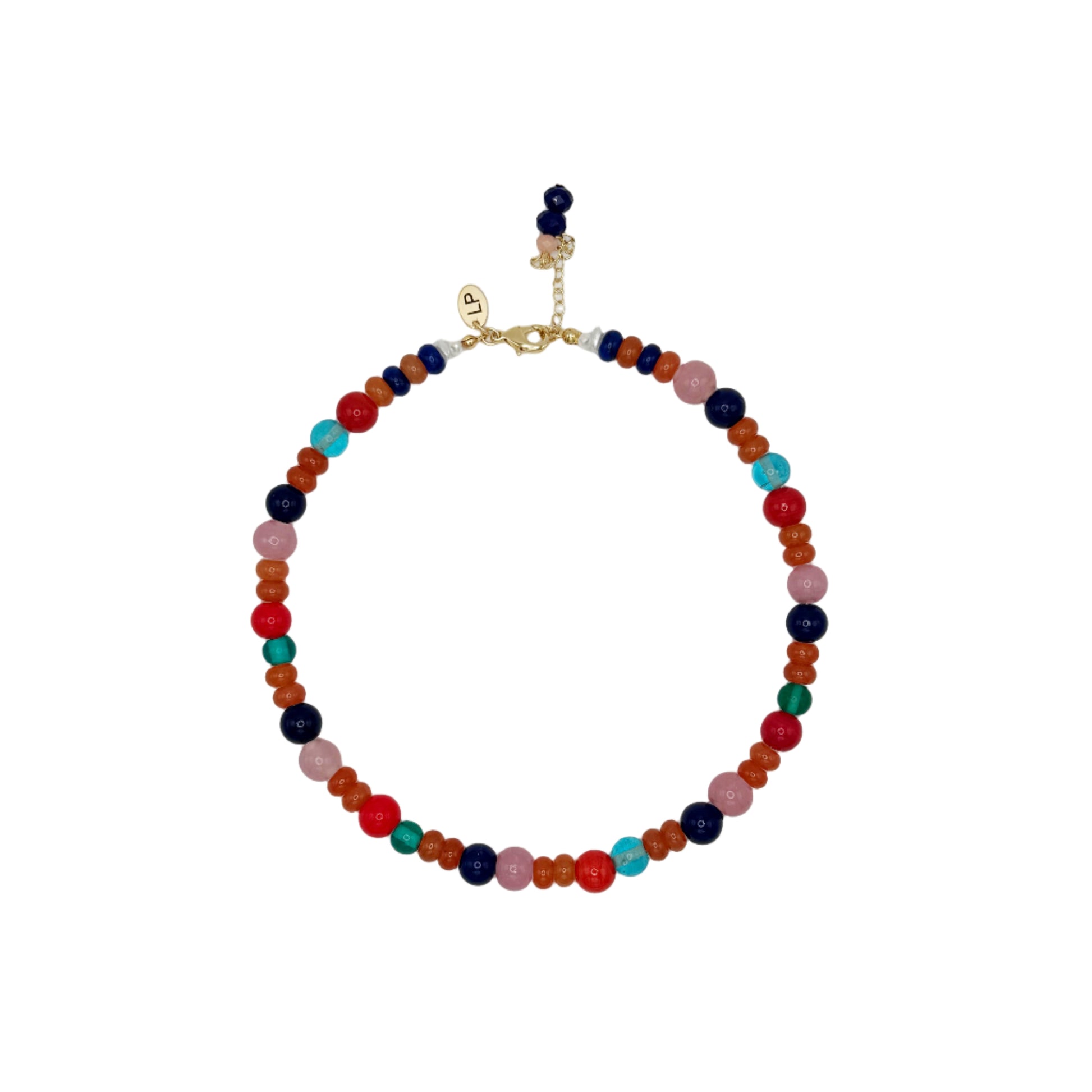 Multicolored beaded necklace on a white background