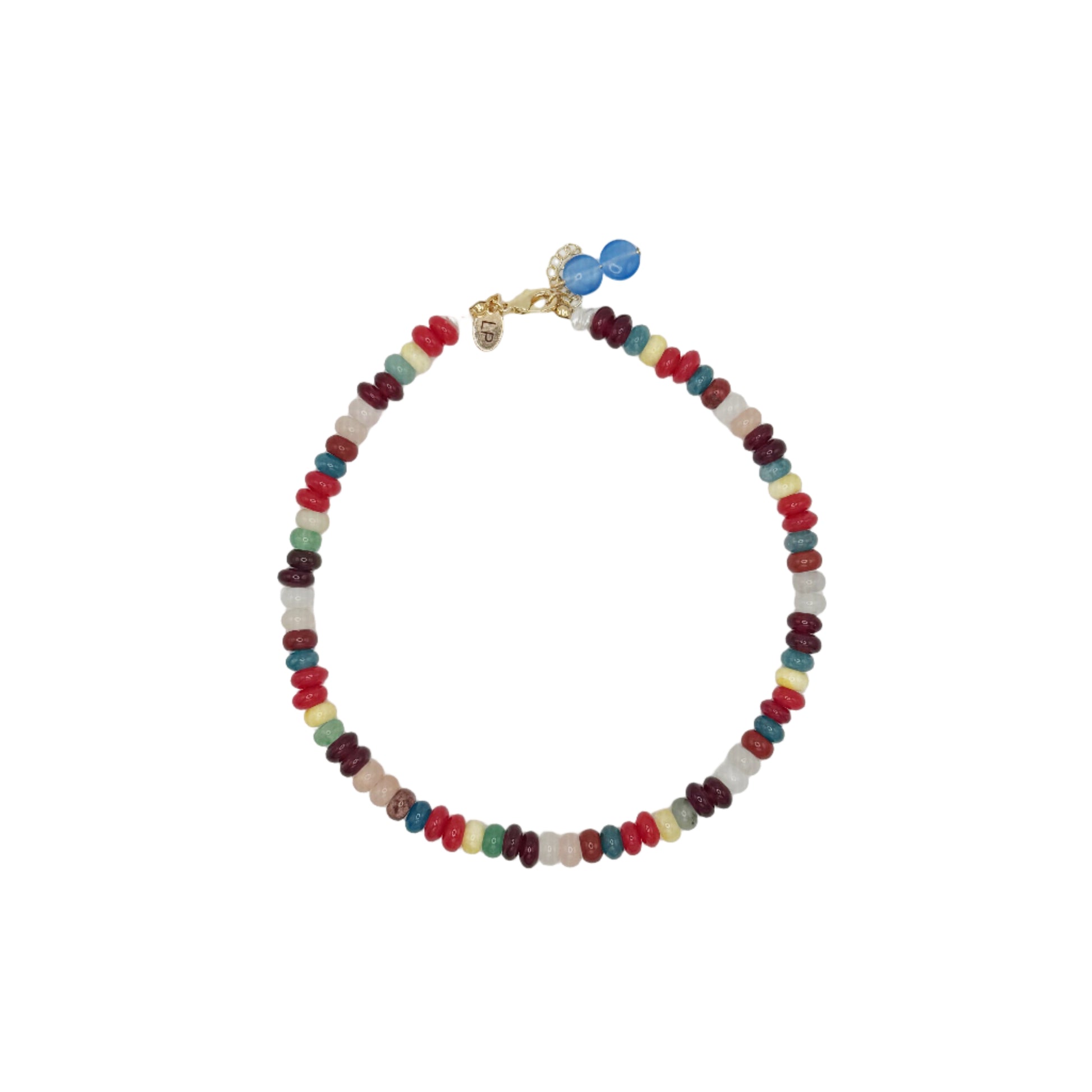Colorful beaded necklace on a white background