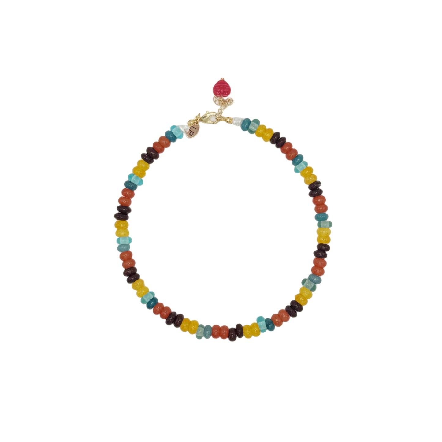 Colorful beaded necklace on a white background