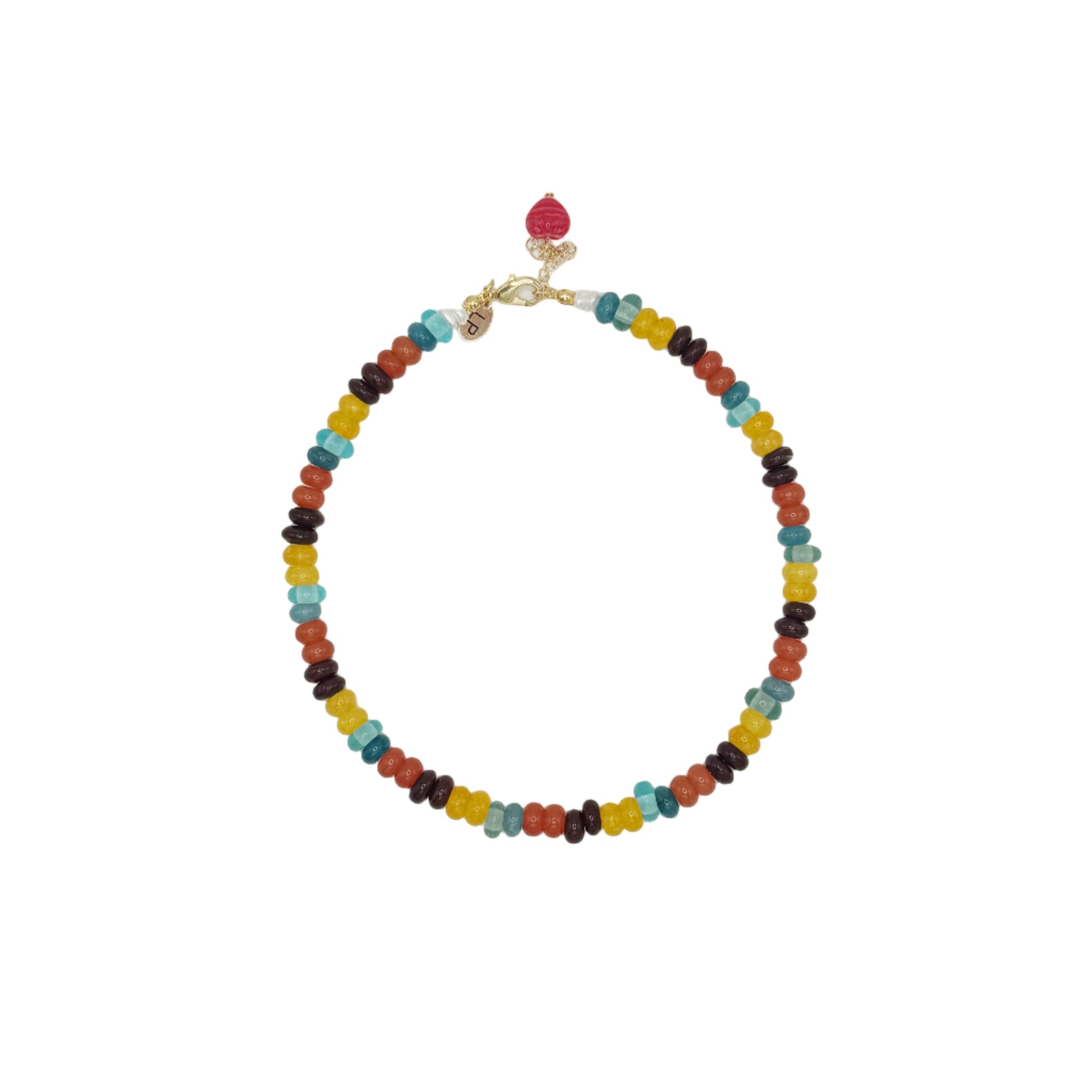 Colorful beaded necklace on a white background