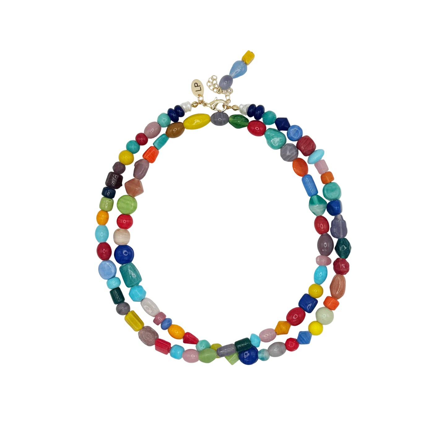 Colorful beaded necklace on a white background