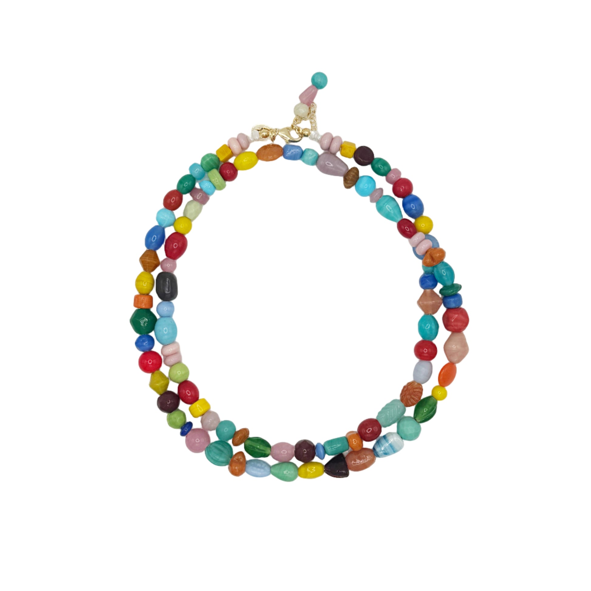 Multicolored beaded necklace on a white background