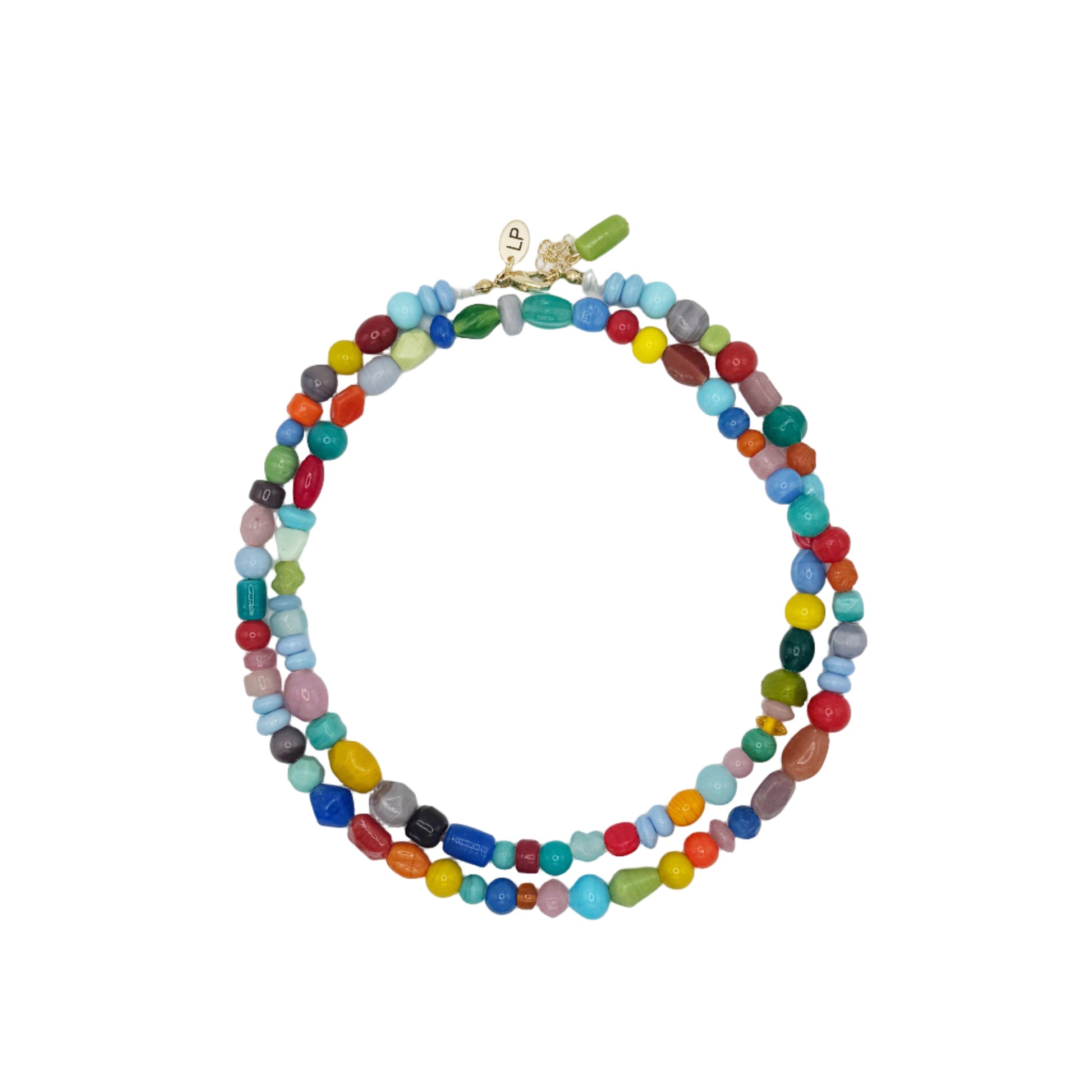 Colorful beaded necklace on a white background