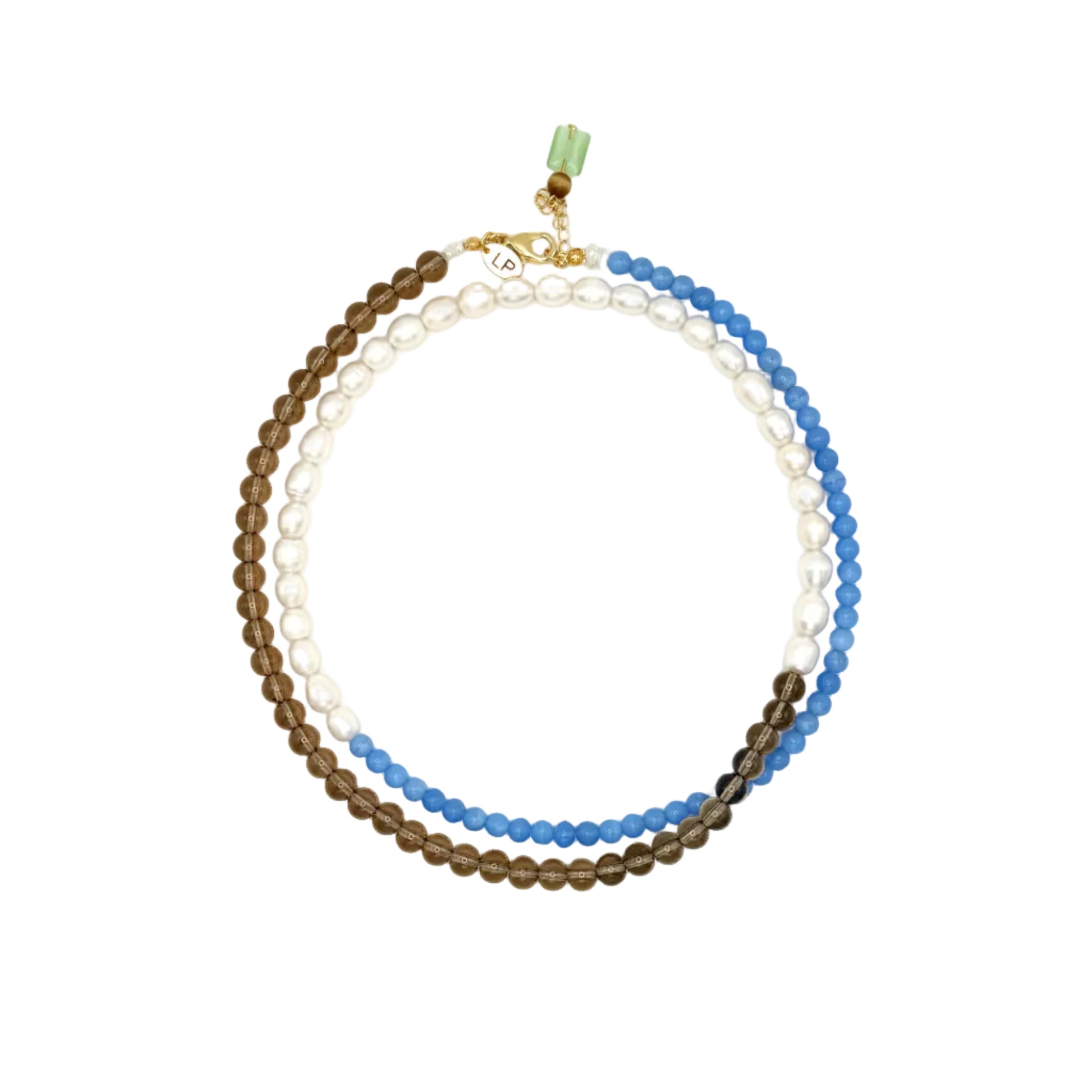 Three beaded necklaces in brown, blue, and white on a white background