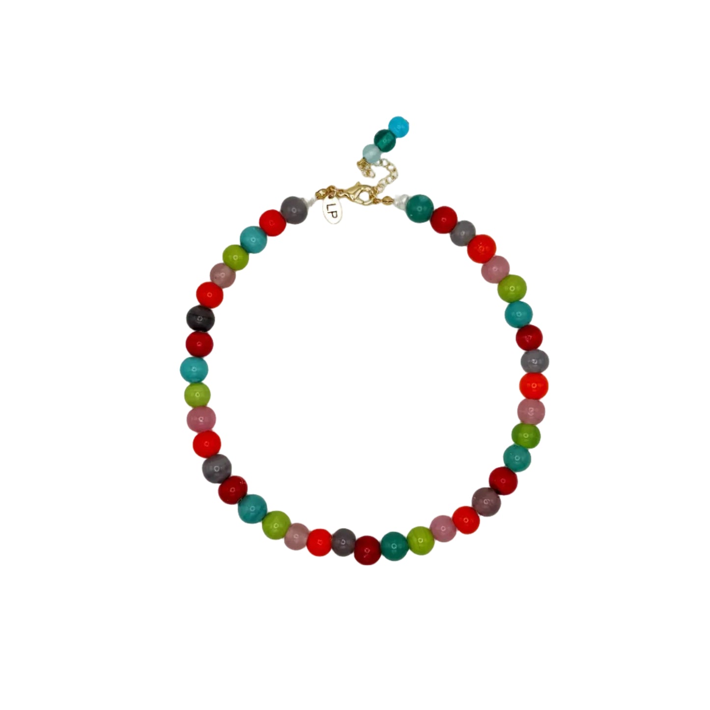Multicolored beaded necklace on a white background