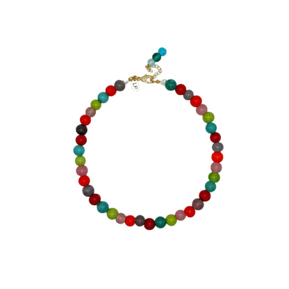Multicolored beaded necklace on a white background