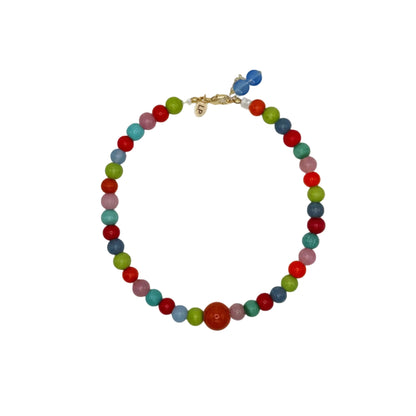 Colorful beaded necklace on a white background