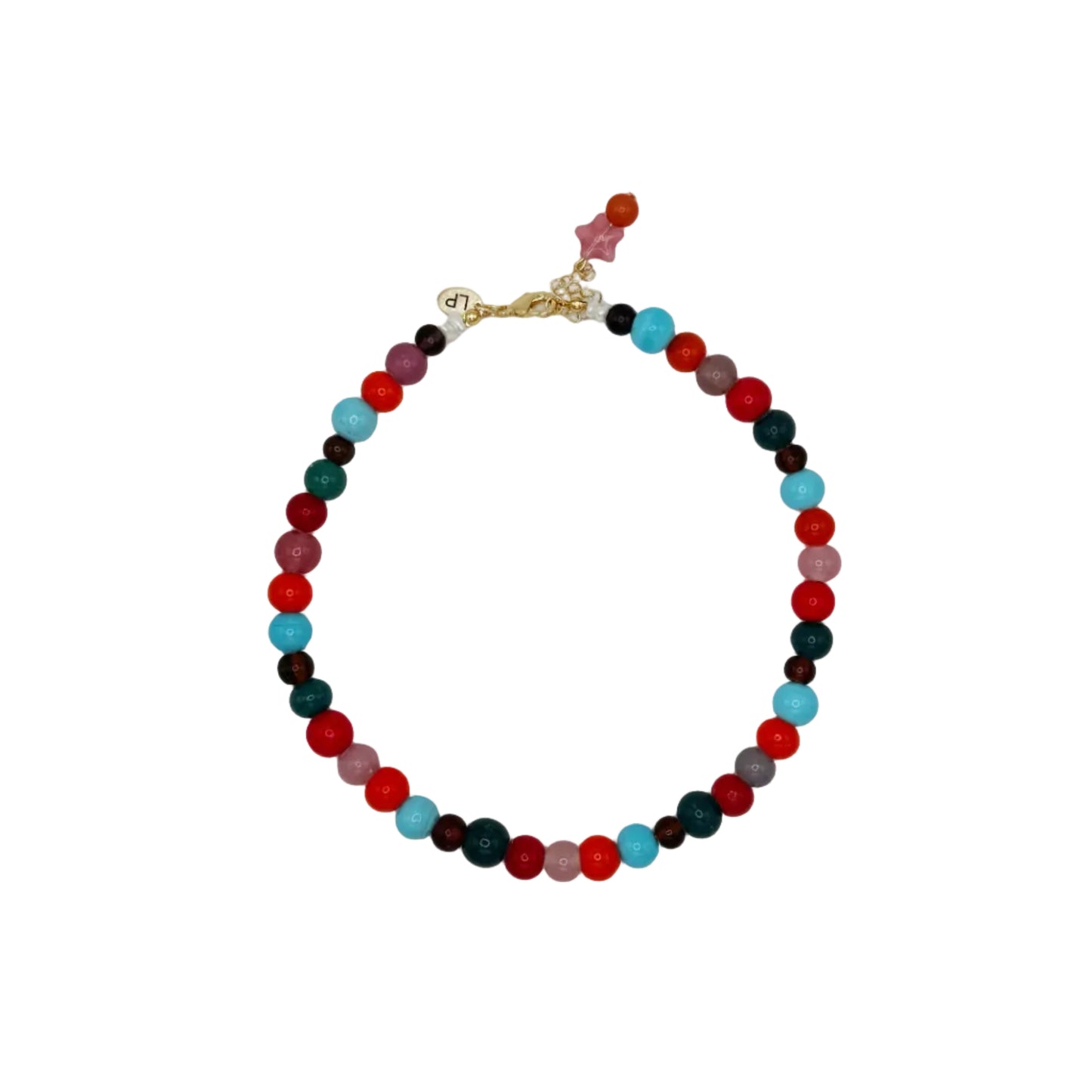 Multicolored beaded necklace on a white background