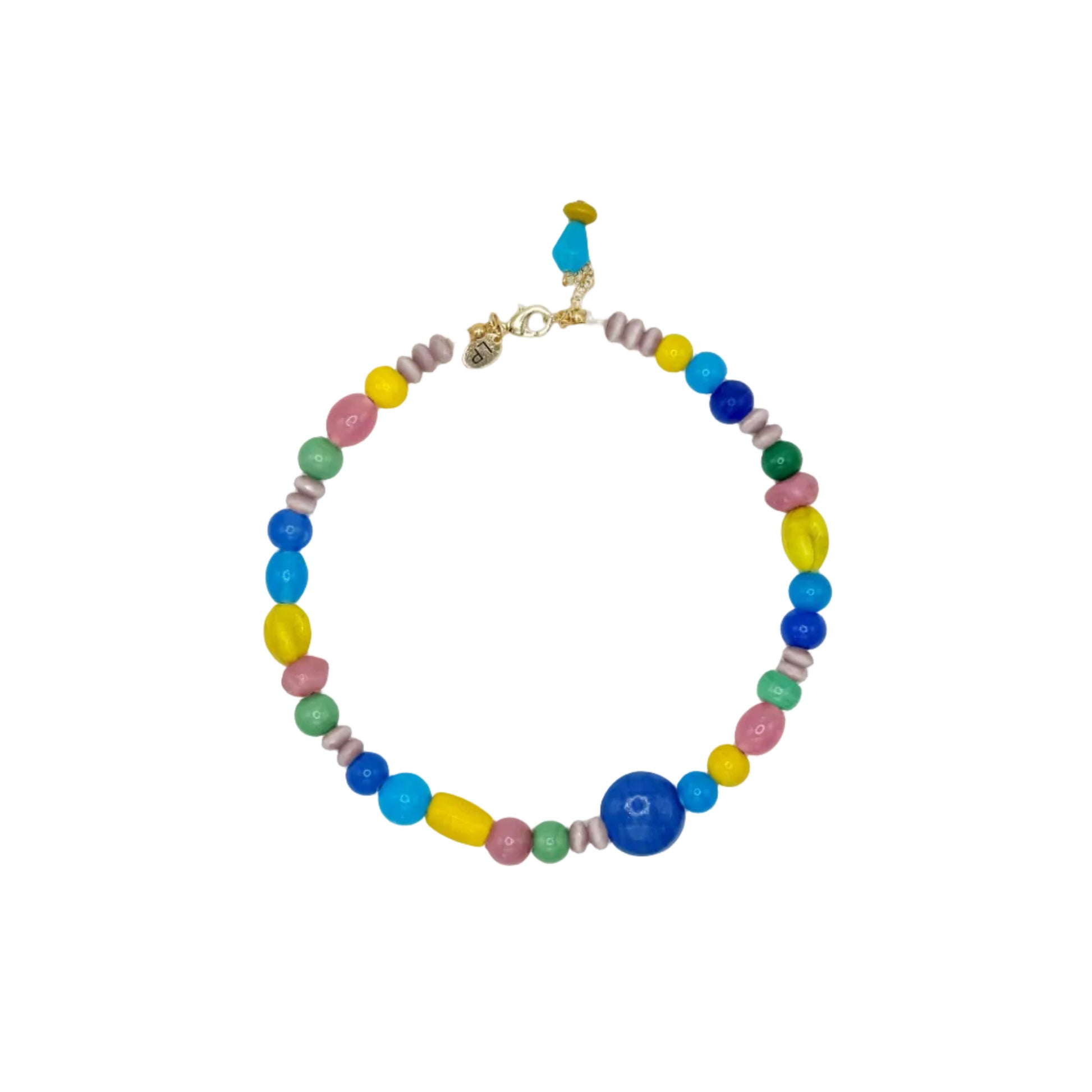 Colorful beaded necklace on a white background