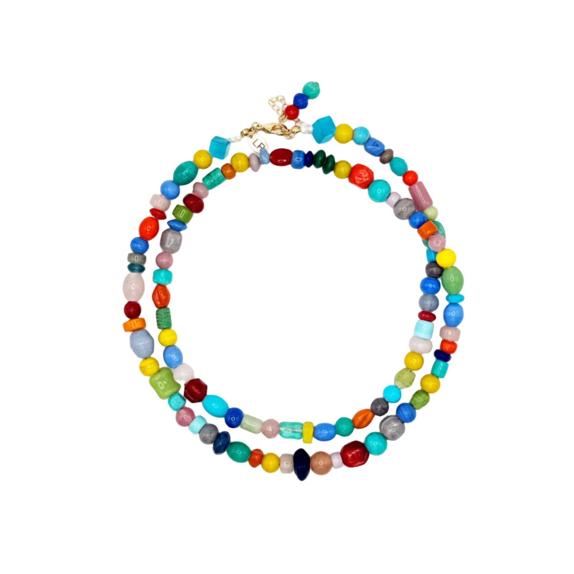 Multicolored beaded necklace on a white background