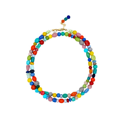 Colorful beaded necklace on a white background
