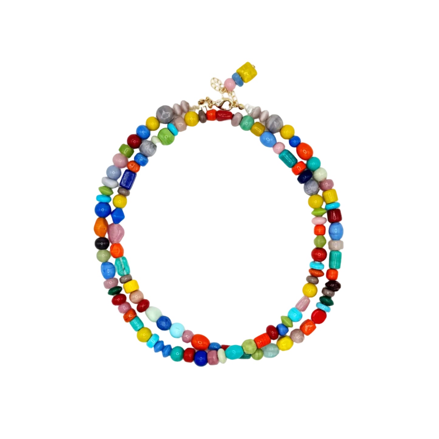 Multicolored beaded necklace on a white background