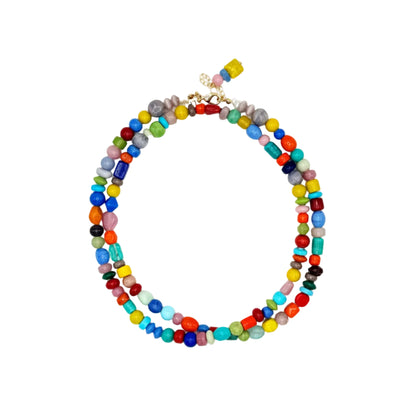 Multicolored beaded necklace on a white background