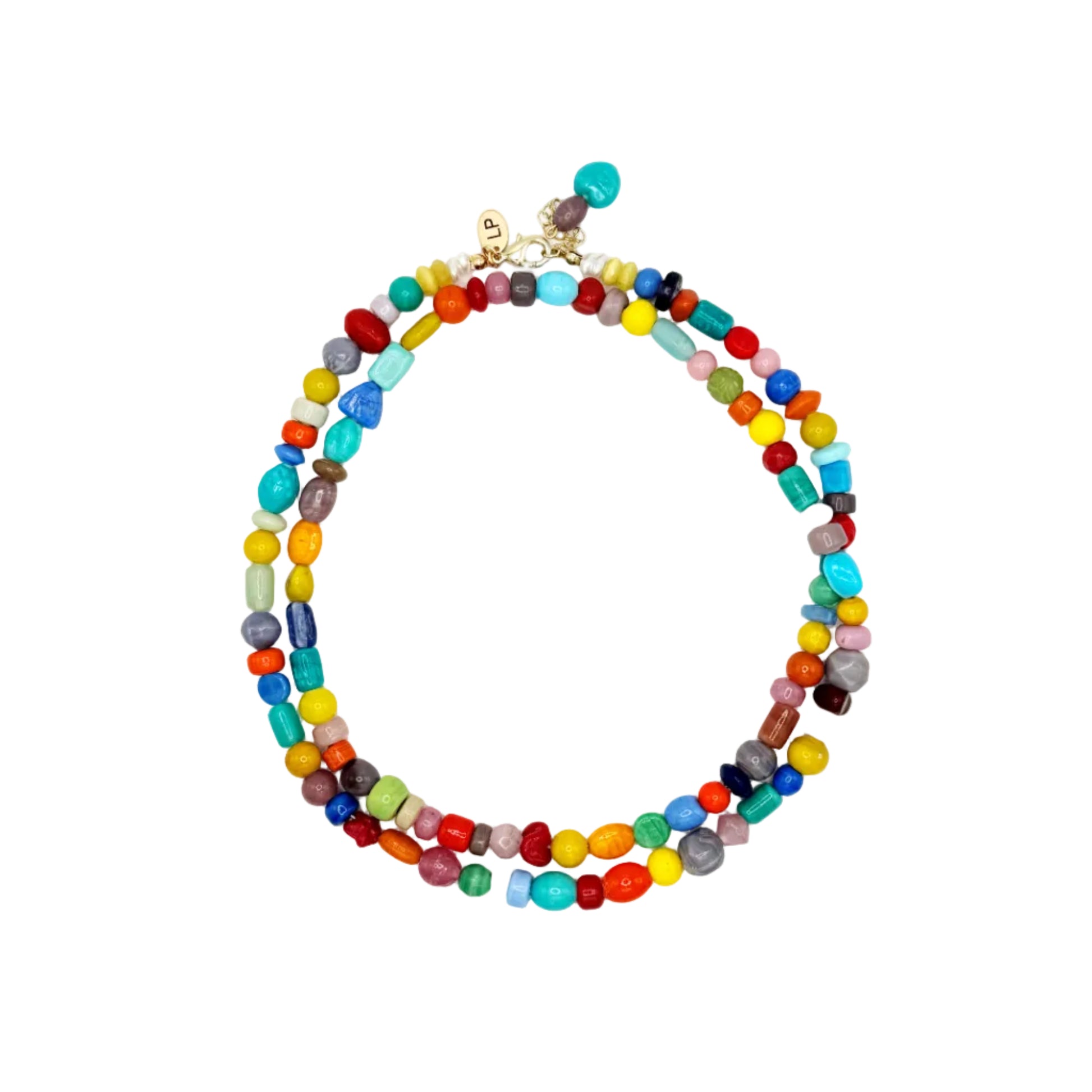 Multicolored beaded necklace on a white background