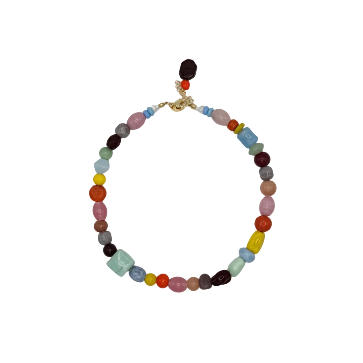 Multicolored beaded necklace on a white background