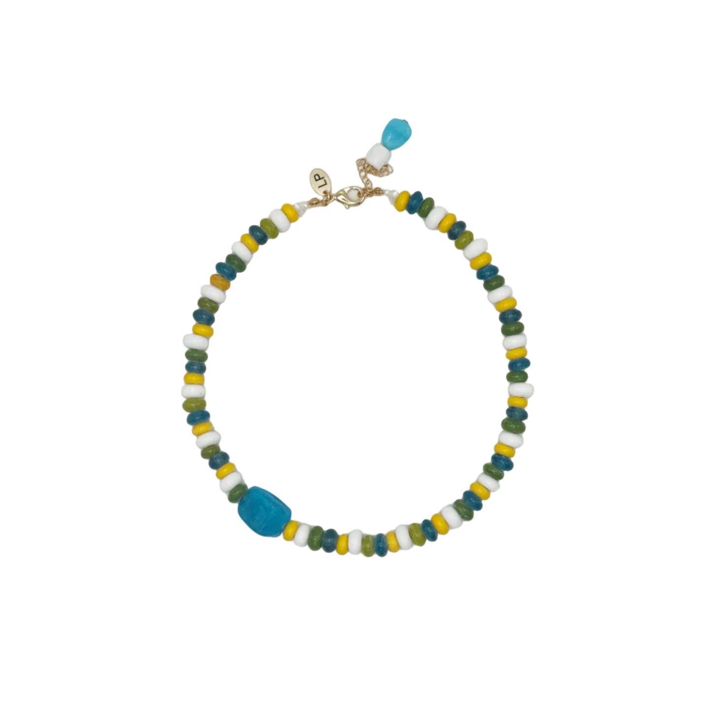 Necklace with blue and green beads on a white background