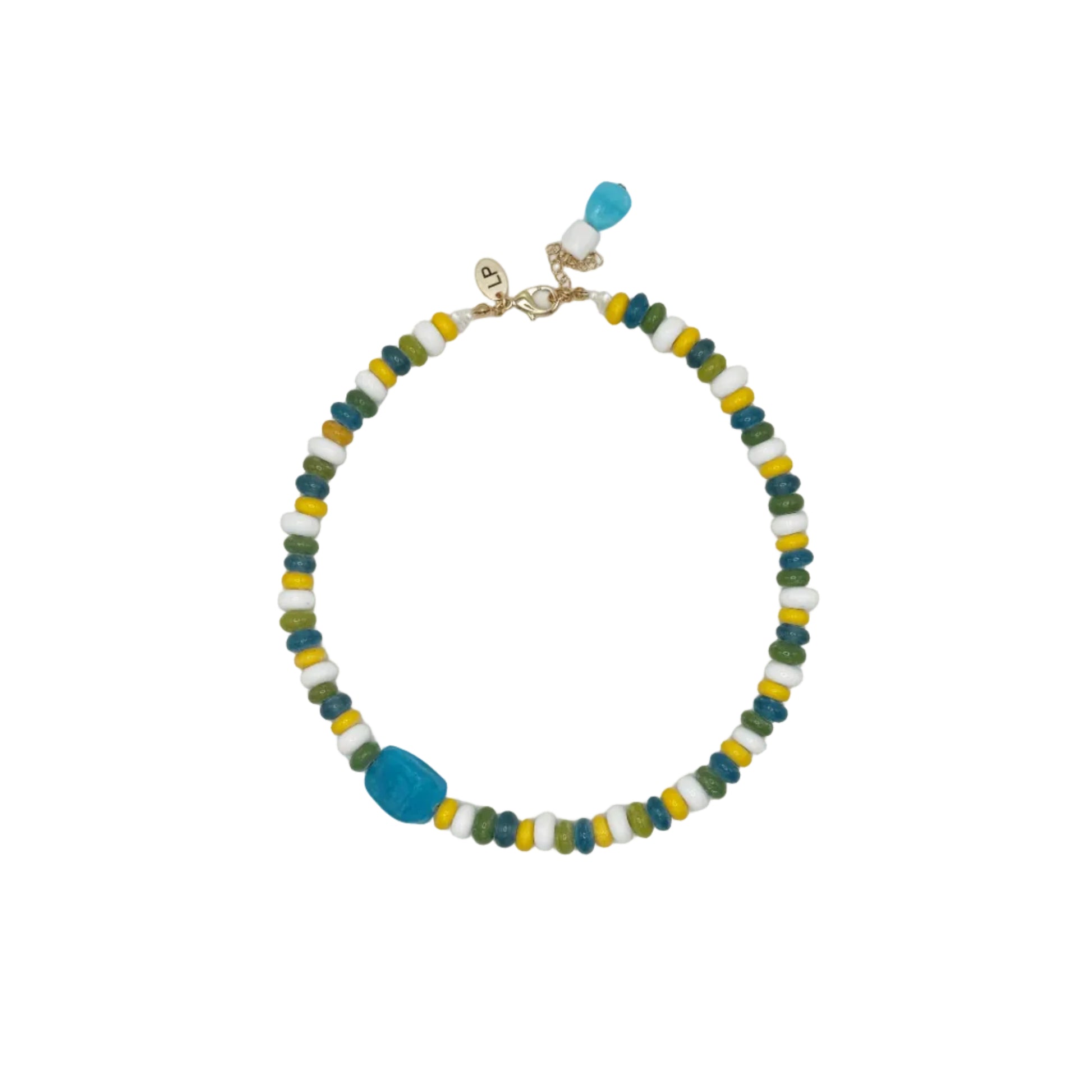 Necklace with blue and green beads on a white background