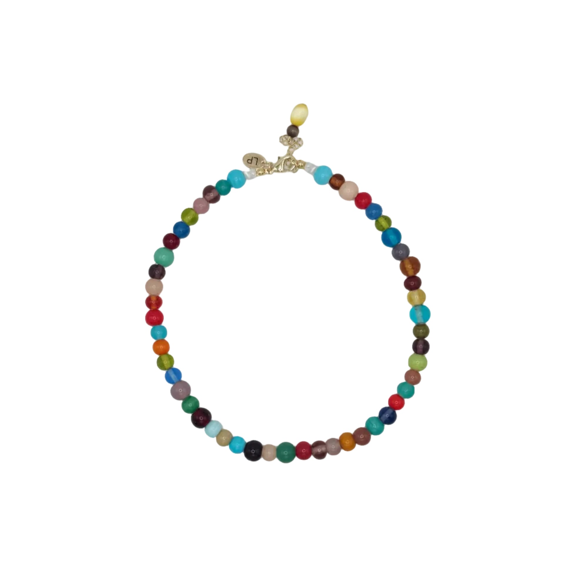 Multicolored beaded necklace on a white background