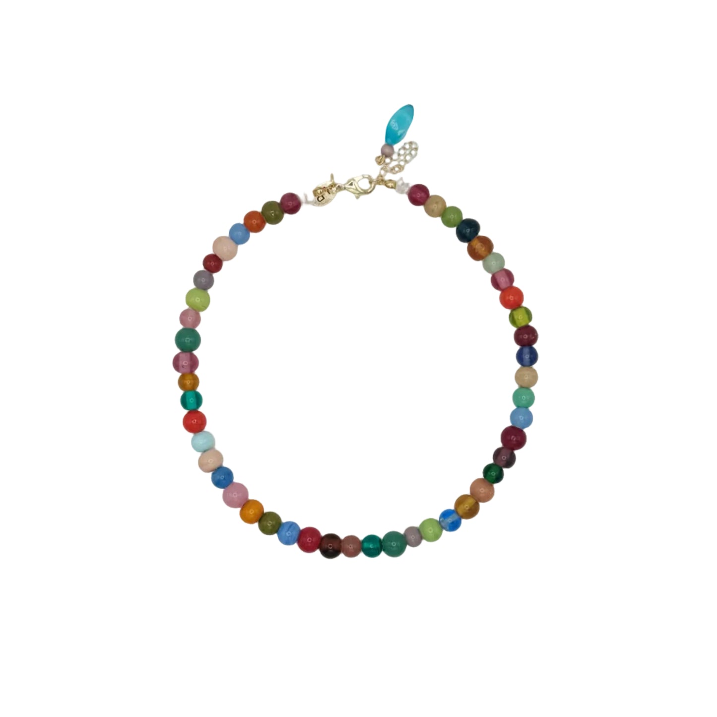 Multicolored beaded necklace on a white background