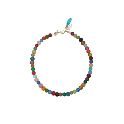 Multicolored beaded necklace on a white background
