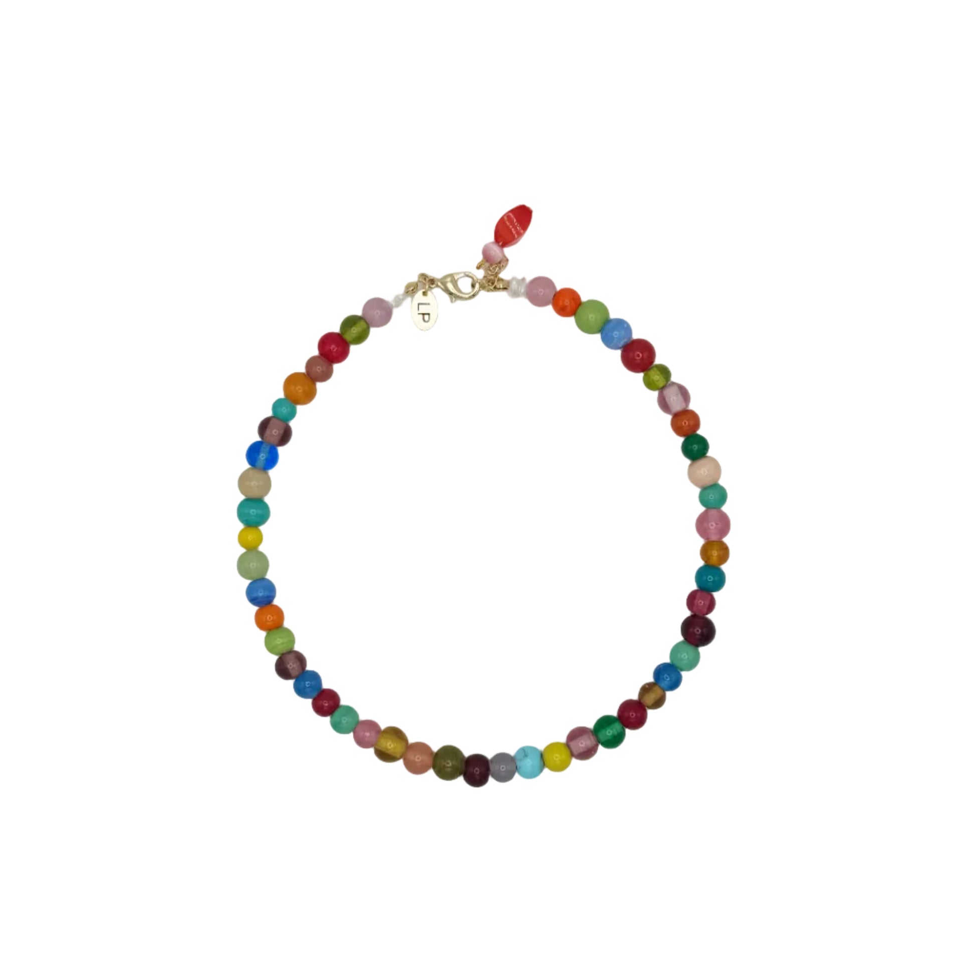 Multicolored beaded necklace on a light gray background