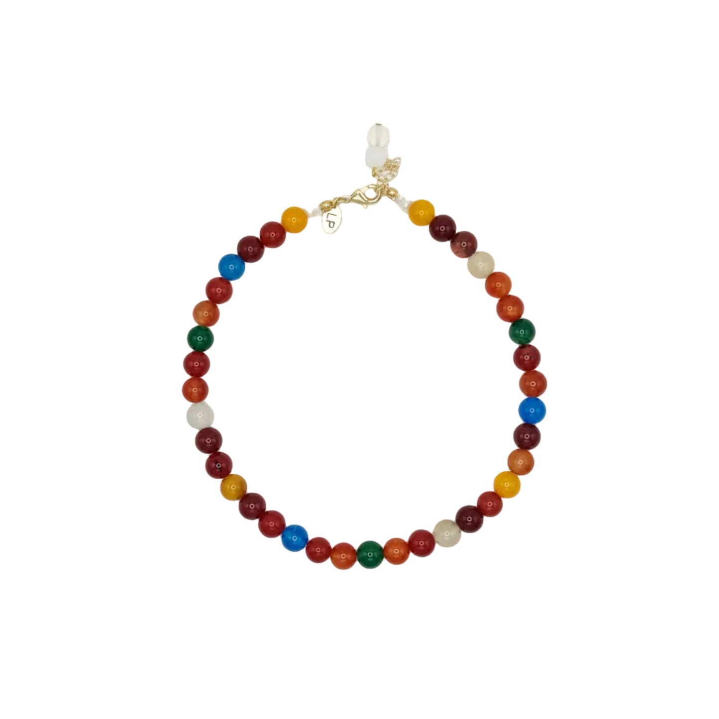 Multicolored beaded necklace on a white background