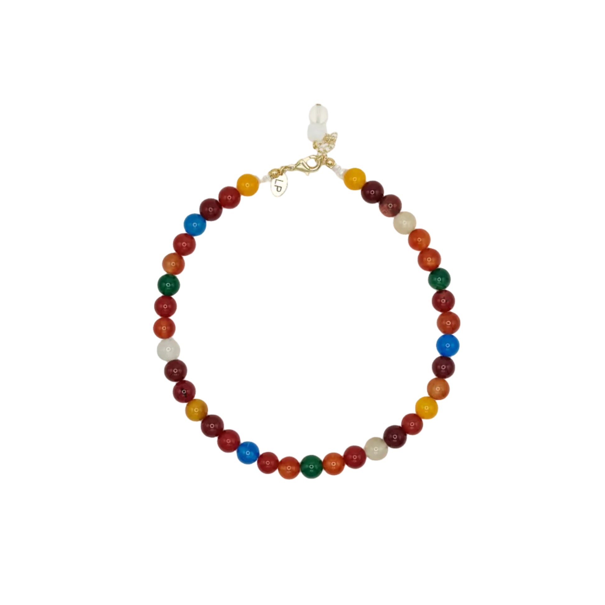 Multicolored beaded necklace on a white background
