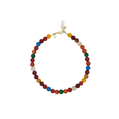 Multicolored beaded necklace on a white background